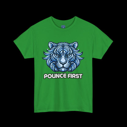 Pounce First Lion Logo Tee – Bold Blue Lion Design Shirt