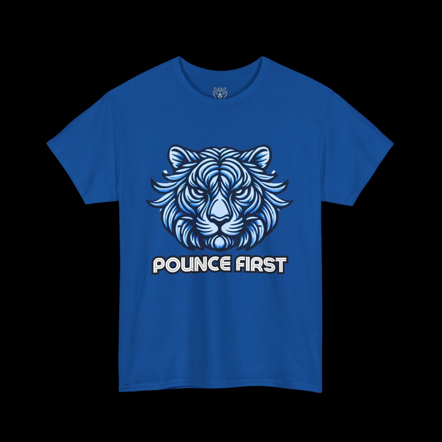 Pounce First Lion Logo Tee – Bold Blue Lion Design Shirt