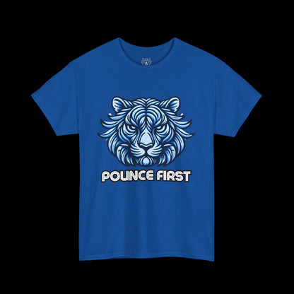 Pounce First Lion Logo Tee – Bold Blue Lion Design Shirt