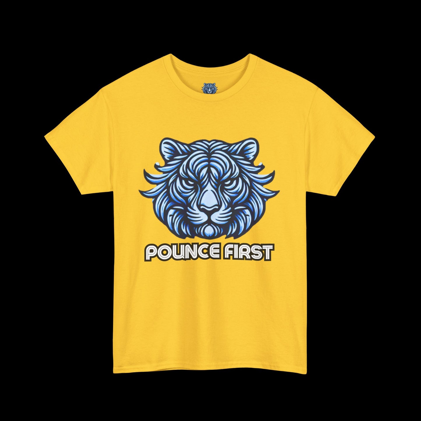 Pounce First Lion Logo Tee – Bold Blue Lion Design Shirt