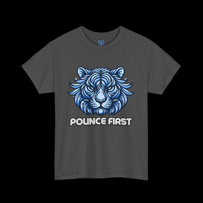 Pounce First Lion Logo Tee – Bold Blue Lion Design Shirt