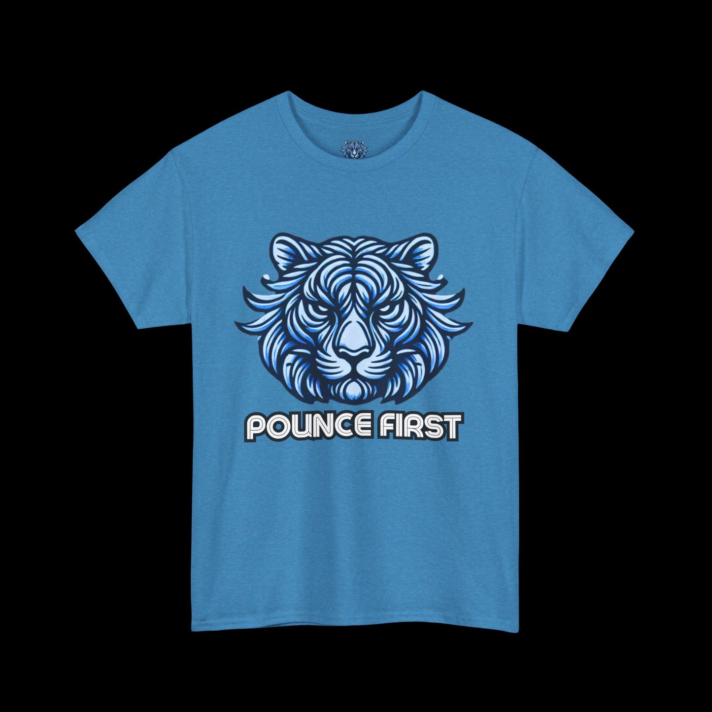 Pounce First Lion Logo Tee – Bold Blue Lion Design Shirt