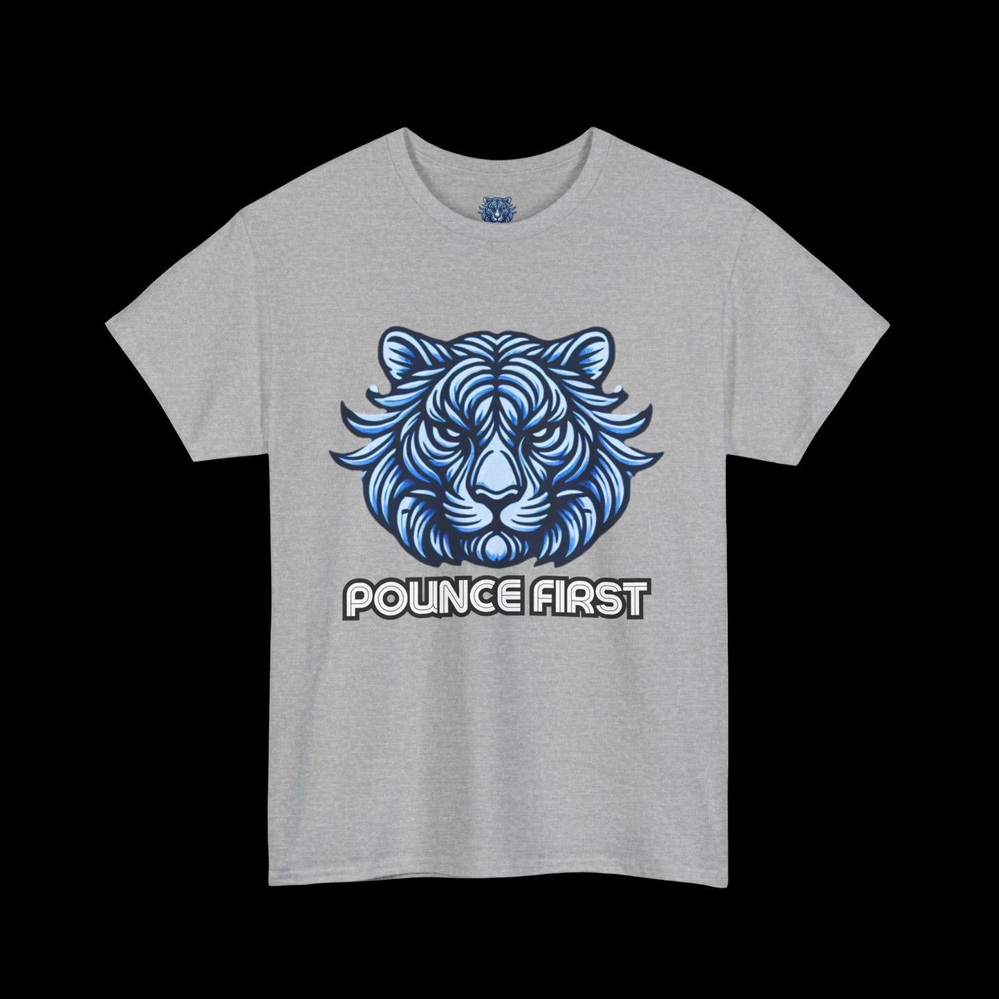 Pounce First Lion Logo Tee – Bold Blue Lion Design Shirt