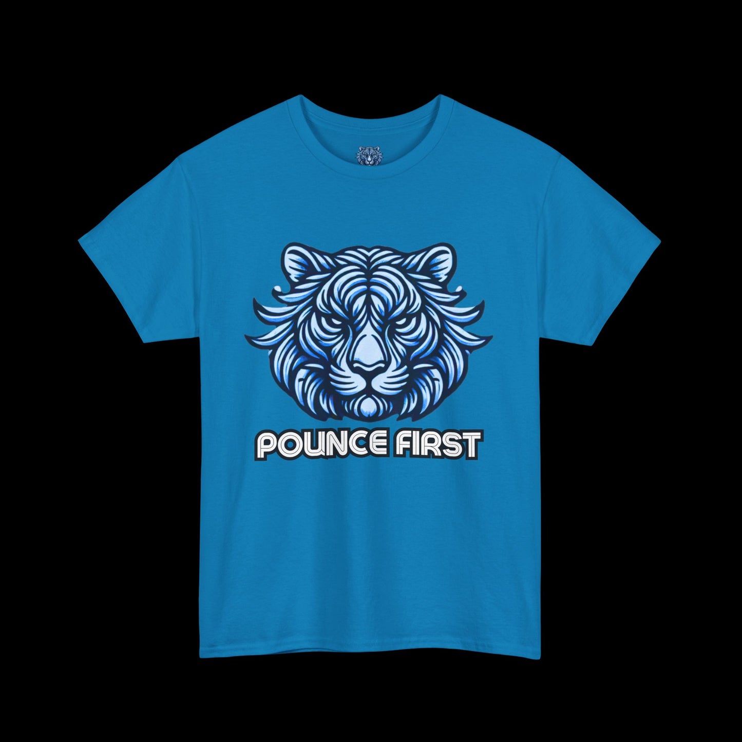 Pounce First Lion Logo Tee – Bold Blue Lion Design Shirt