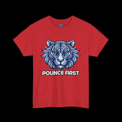 Pounce First Lion Logo Tee – Bold Blue Lion Design Shirt