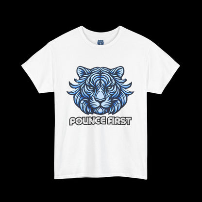 Pounce First Lion Logo Tee – Bold Blue Lion Design Shirt