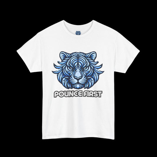 Pounce First Lion Logo Tee – Bold Blue Lion Design Shirt