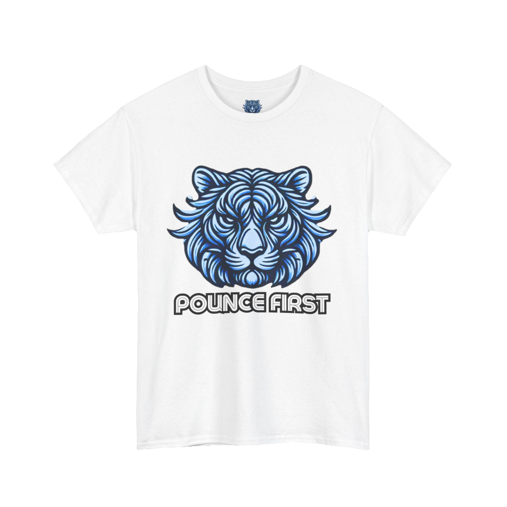 Pounce First Lion Logo Tee – Bold Blue Lion Design Shirt